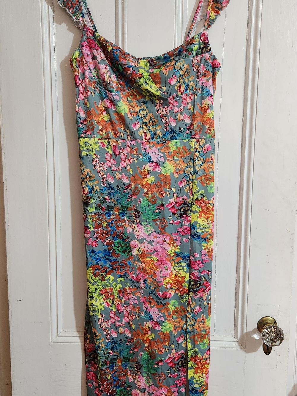 Sexy Multicolor Floral Slip Midi Dress with Ruffled Straps XL - Picture 2 of 6